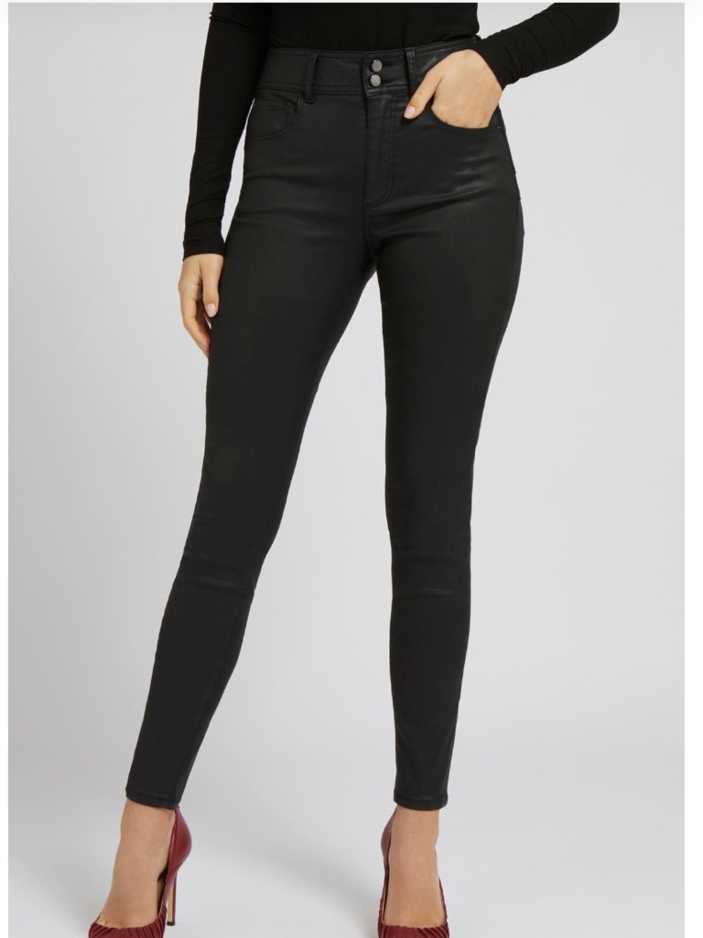 GUESS Skinny Slim Women Jeans Denim Coated Black Leathery - 27